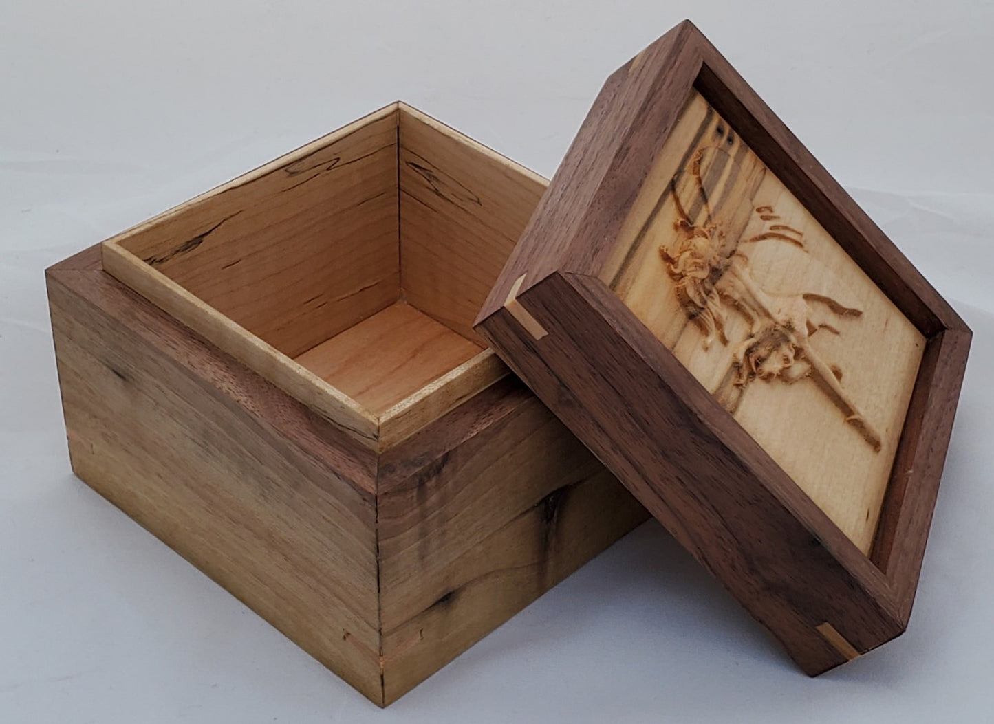 Walnut keepsake box or pet urn with a carved Fairy top cover