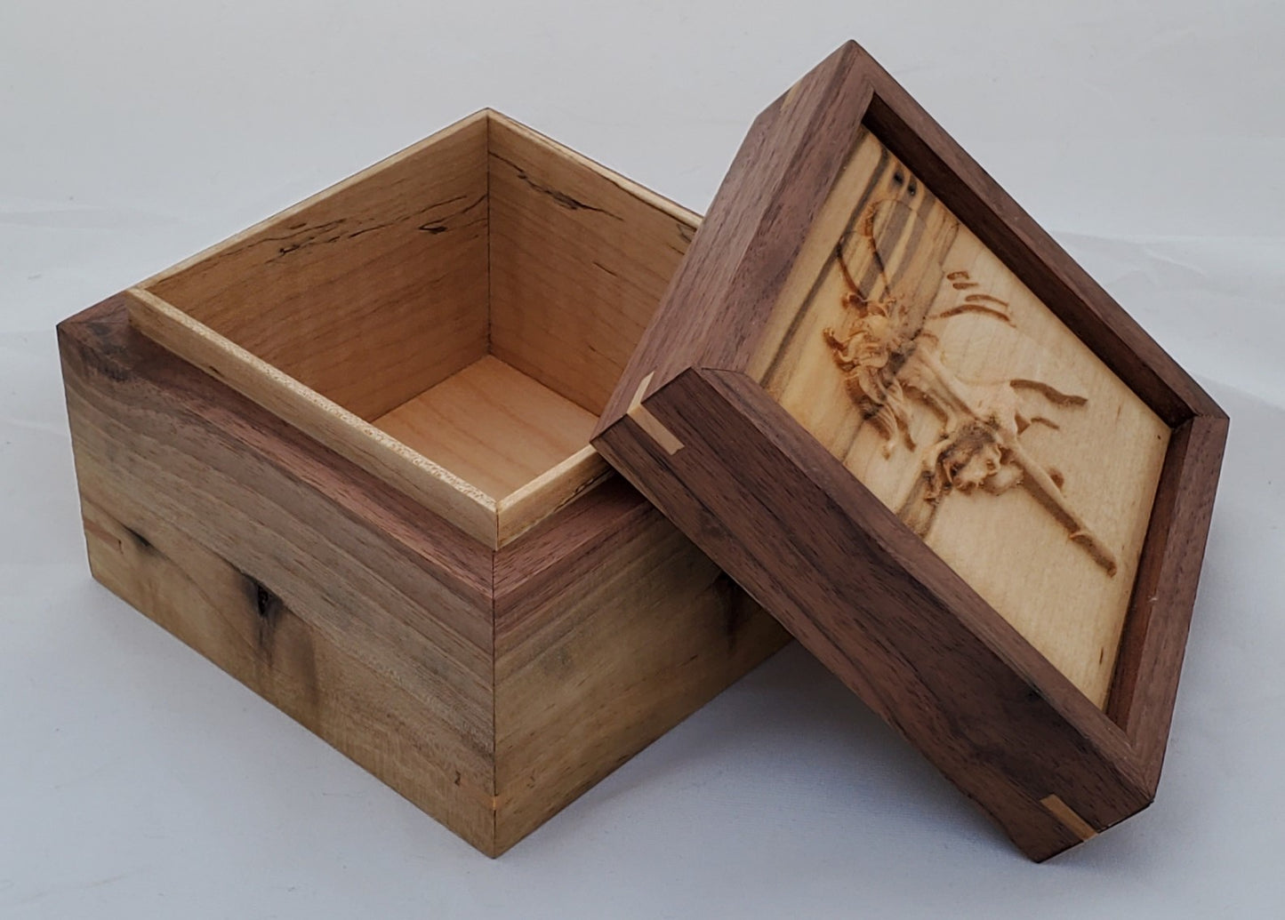 Walnut keepsake box or pet urn with a carved Fairy top cover