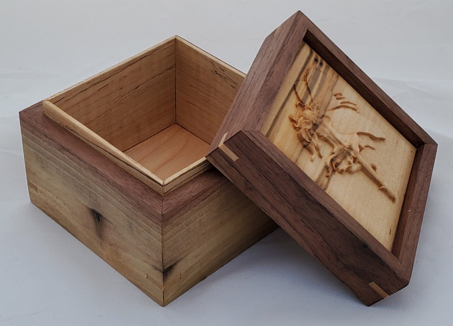 Walnut keepsake box or pet urn with a carved Fairy top cover