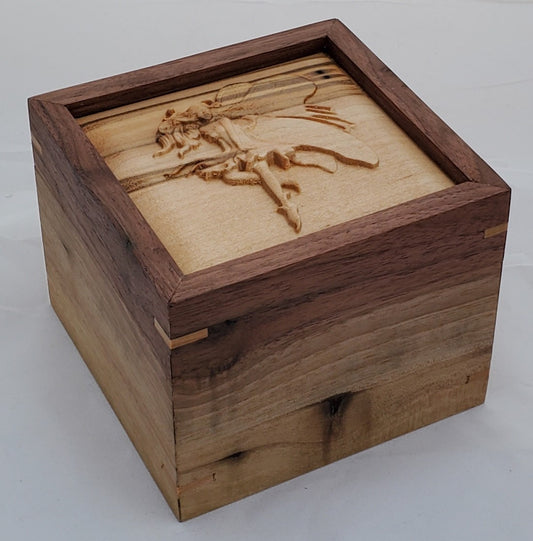 Walnut keepsake box or pet urn with a carved Fairy top cover