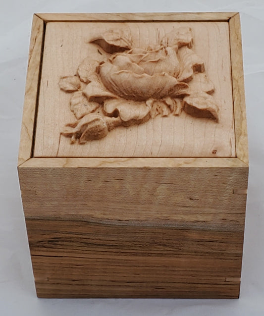 Maple keepsake box or pet urn with a carved Rose on top cover