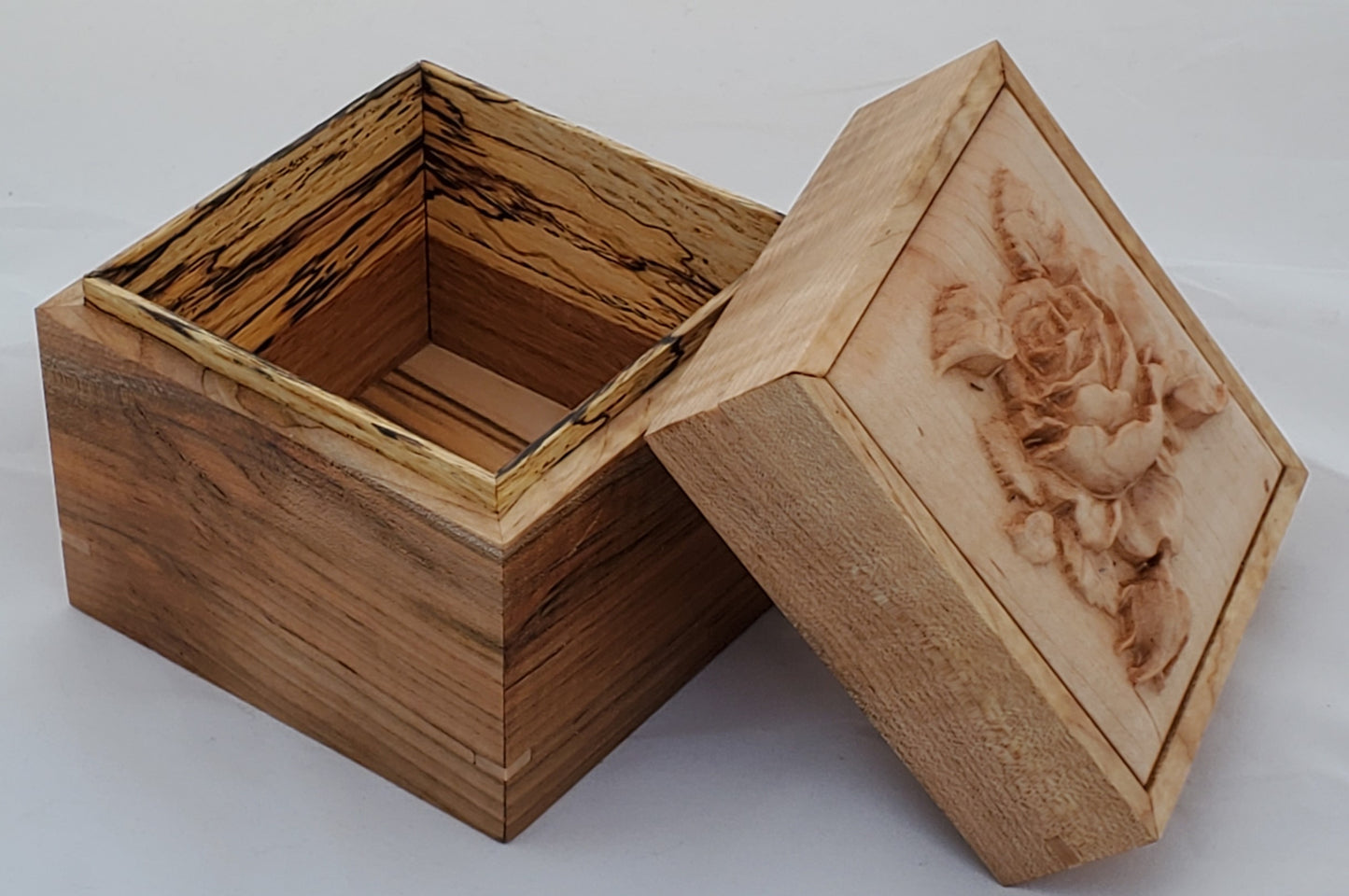 Maple keepsake box or pet urn with a carved Rose on top cover