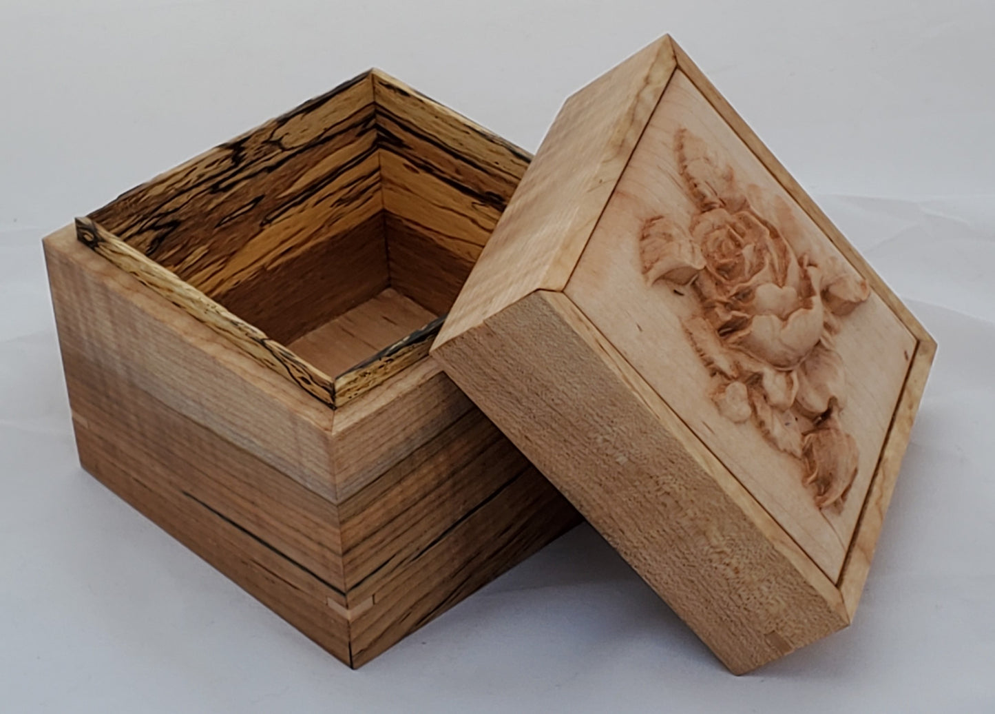 Maple keepsake box or pet urn with a carved Rose on top cover