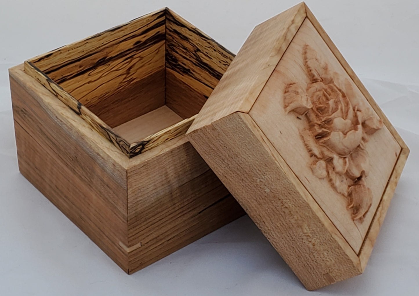 Maple keepsake box or pet urn with a carved Rose on top cover