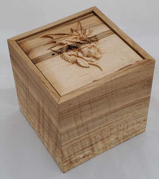 Maple keepsake box or pet urn with a carved Dragon and Rose on top cover