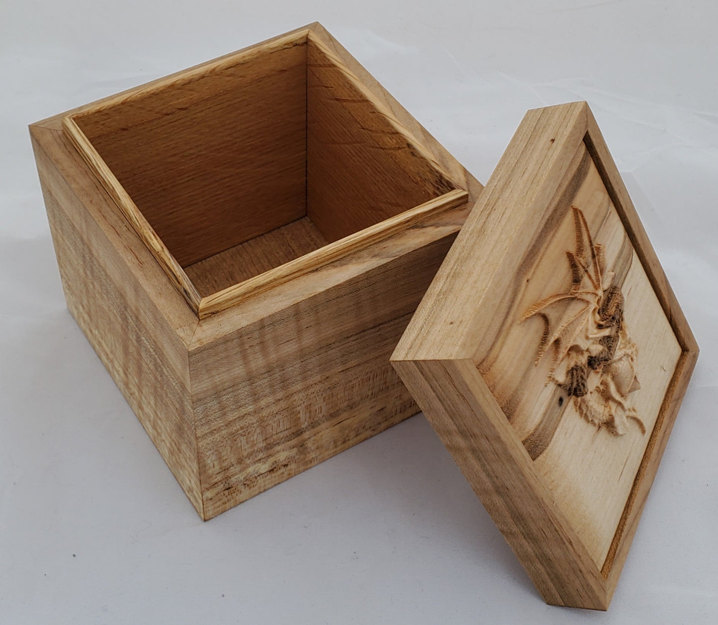 Maple keepsake box or pet urn with a carved Dragon and Rose on top cover