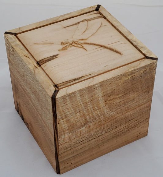 Maple keepsake box or pet urn with a carved Dragonfly on top cover