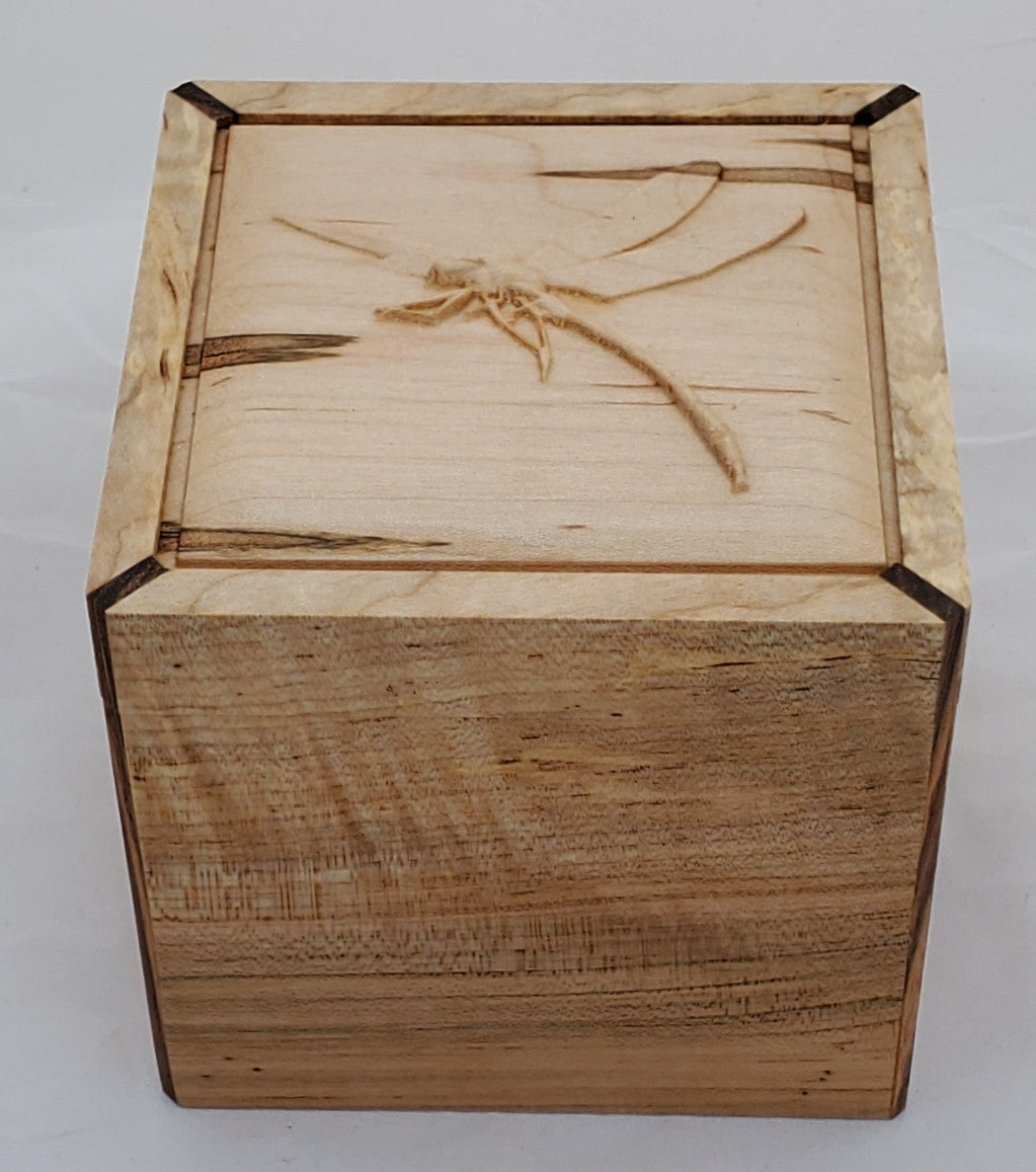 Maple keepsake box or pet urn with a carved Dragonfly on top cover