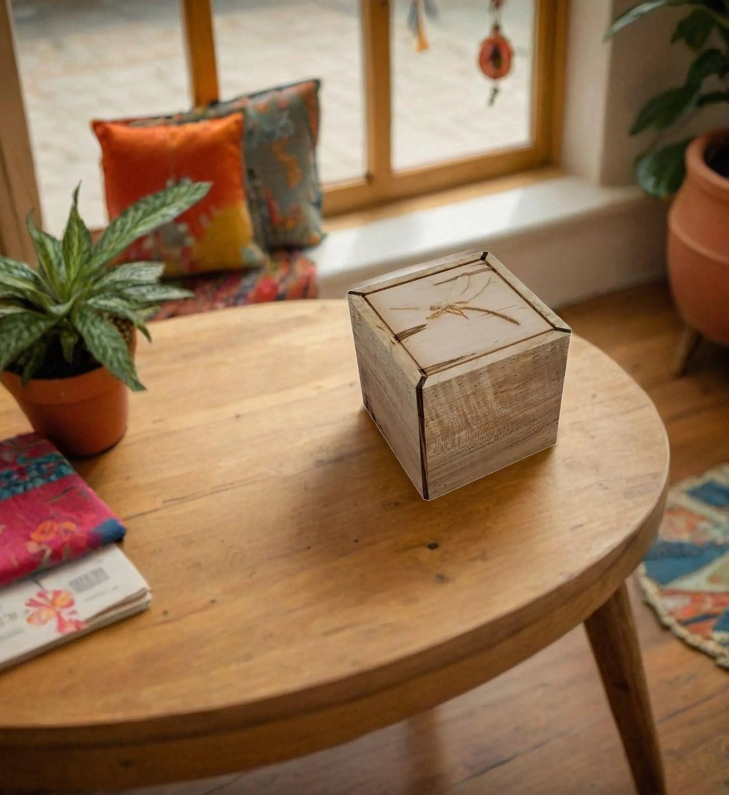 Maple keepsake box or pet urn with a carved Dragonfly on top cover