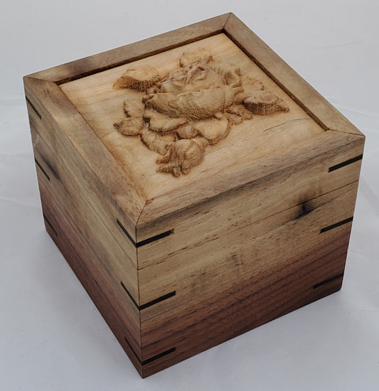 Walnut keepsake box or pet urn with a carved Rose top cover