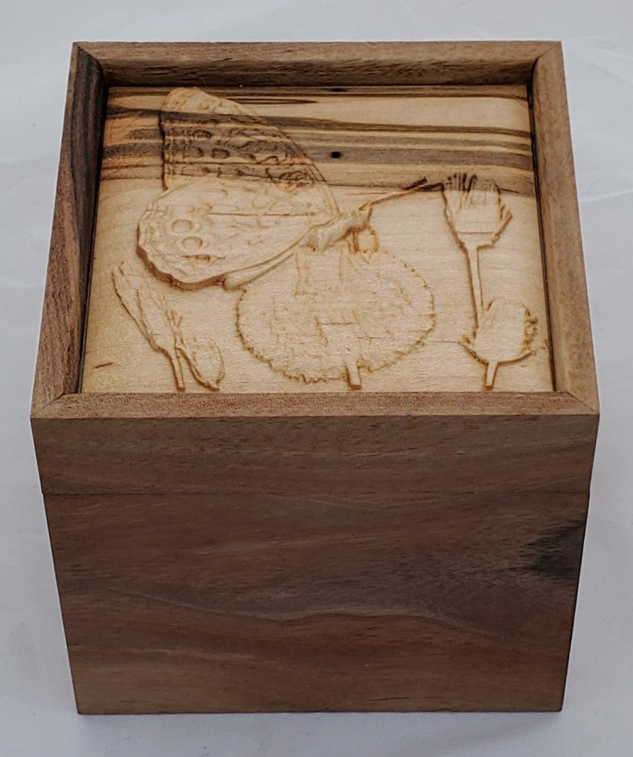 Walnut keepsake box or pet urn with a carved Butterfly top cover