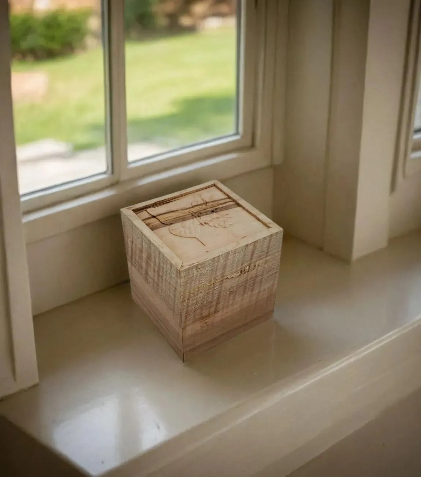 Maple keepsake box or pet urn with a carved Butterfly on top cover