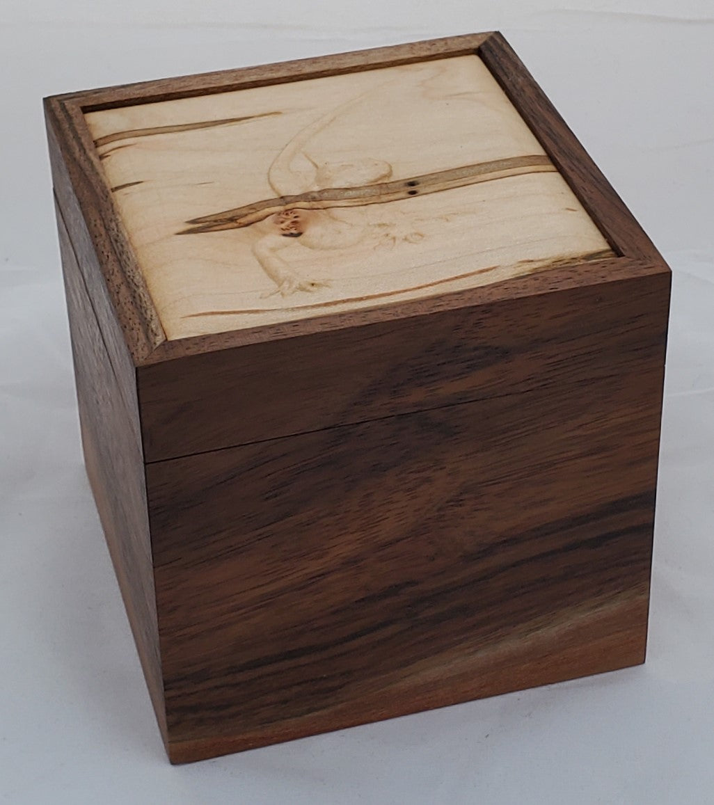 Walnut keepsake box or pet urn with a carved Lizard top cover