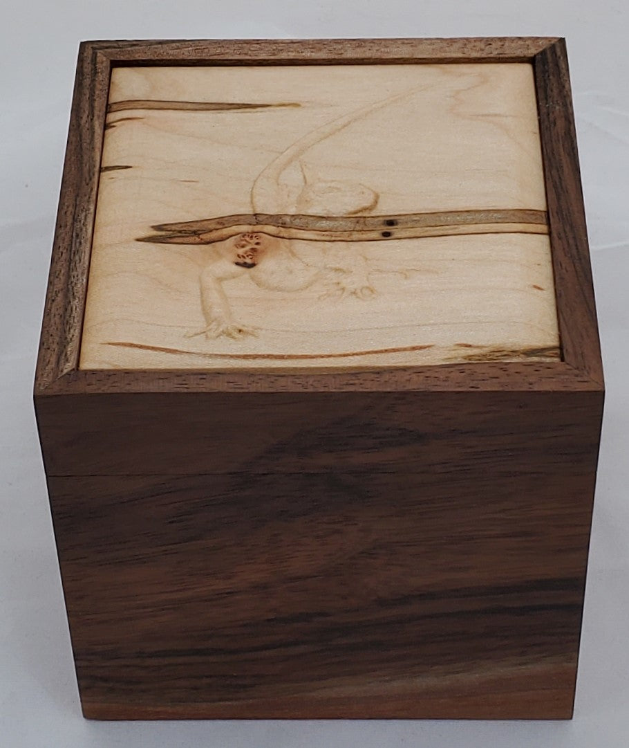 Walnut keepsake box or pet urn with a carved Lizard top cover